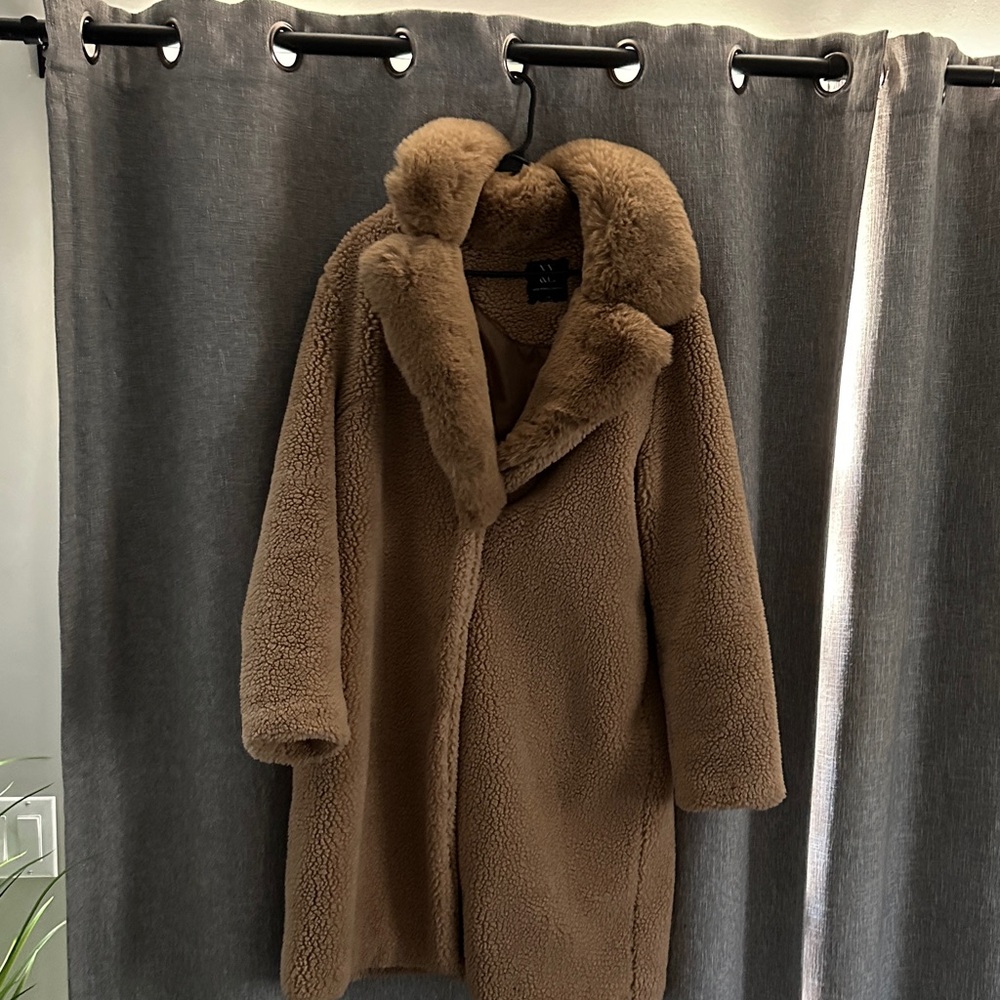 New York & Company Tan Faux Fur Pea Coat